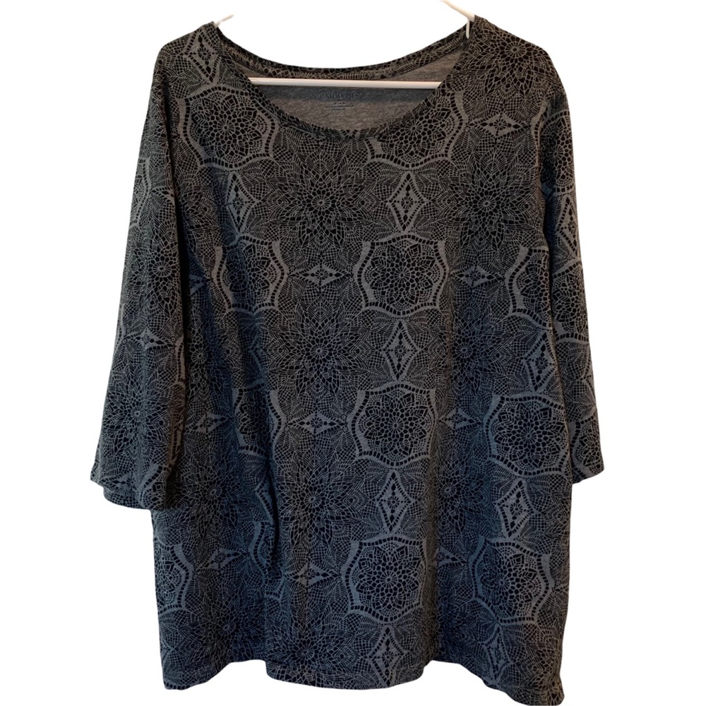 Catherine’s T-Shirt 100% Cotton 3/4 Sleeve Gray Patterned Size OX